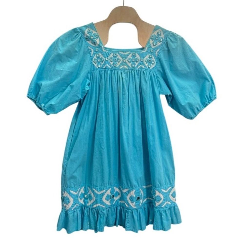 Vintage Ramona Rull Dress Embroidered Mirror Shisha Puff Sleeve Ruffle Hem L